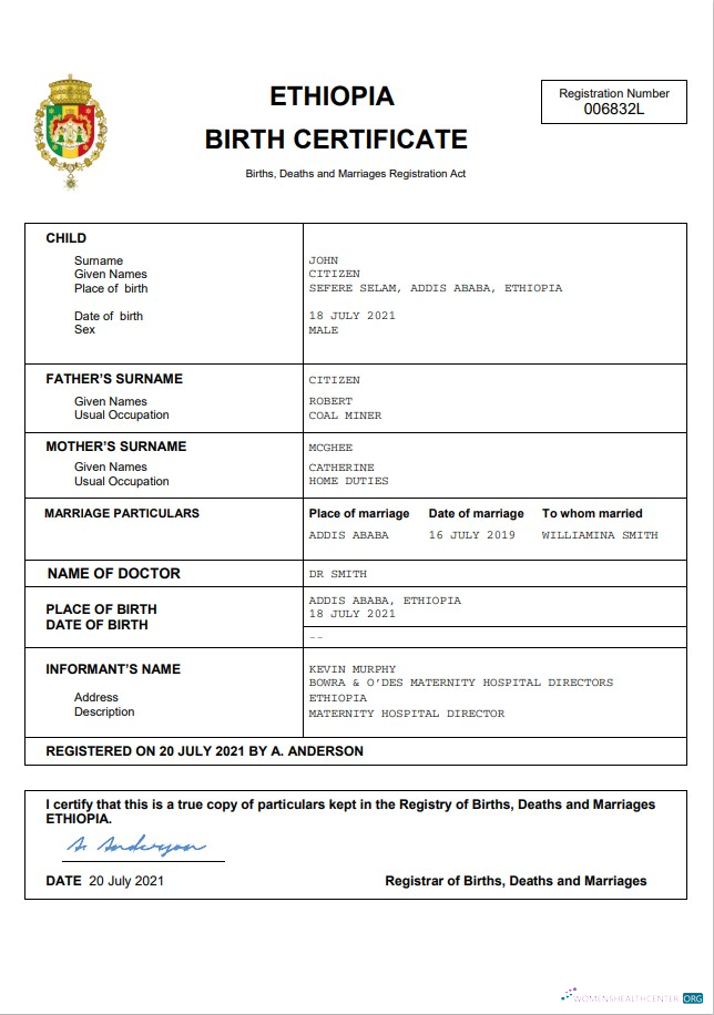 Download Ethiopia vital record birth certificate Word and PDF template Photoshop template